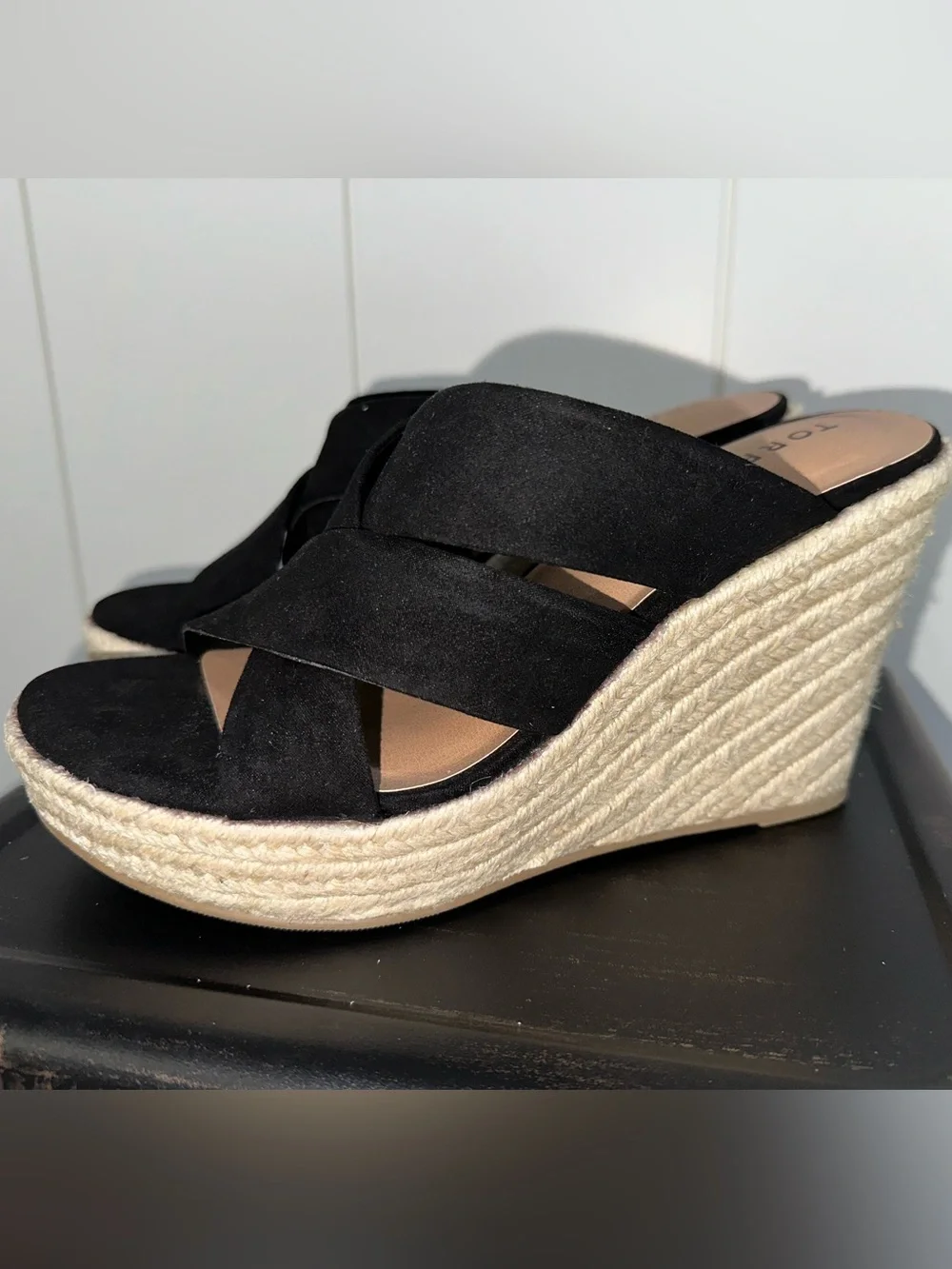 Black Suede Crisscross Espadrille Wedge Slides